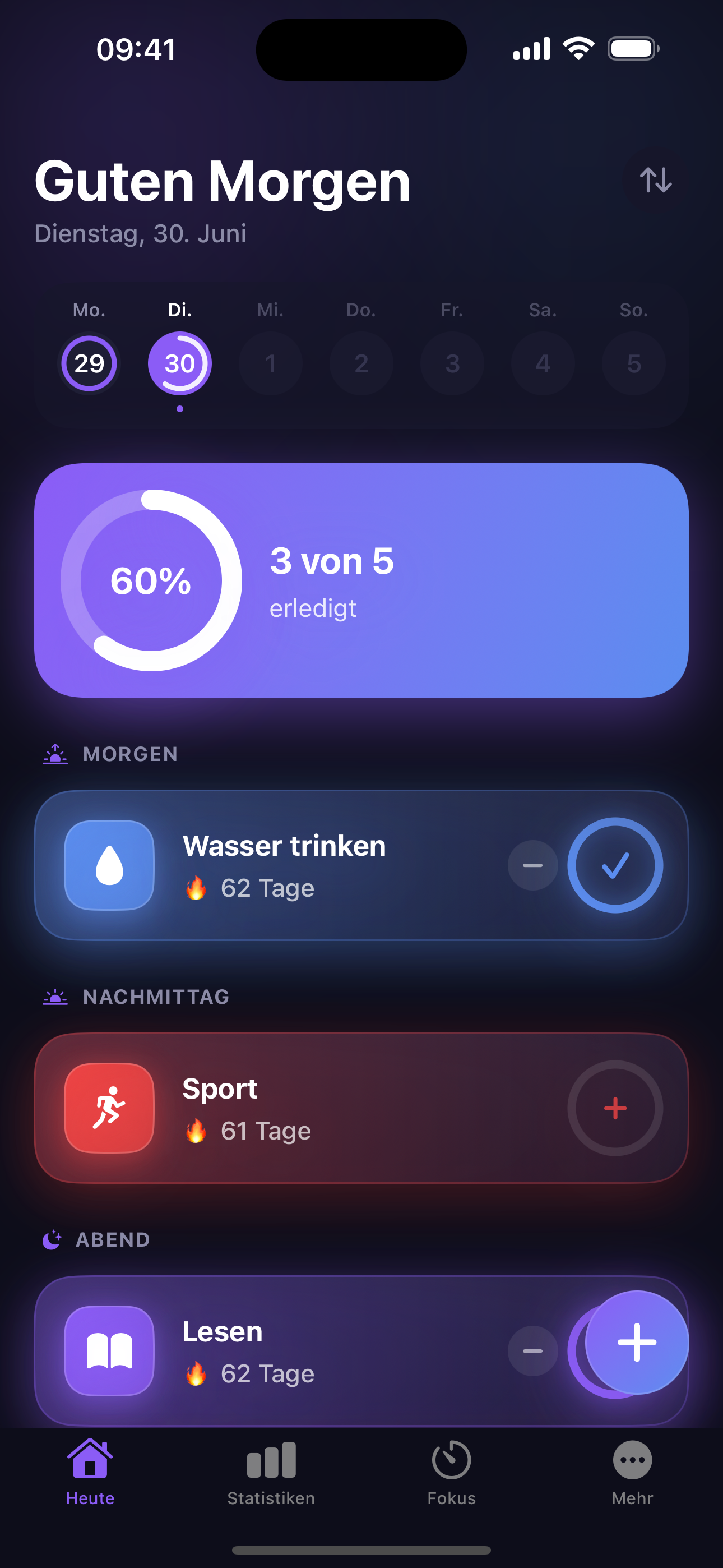 Kerno Heute-Ansicht: Gewohnheiten mit Tagesfortschritt und Serien