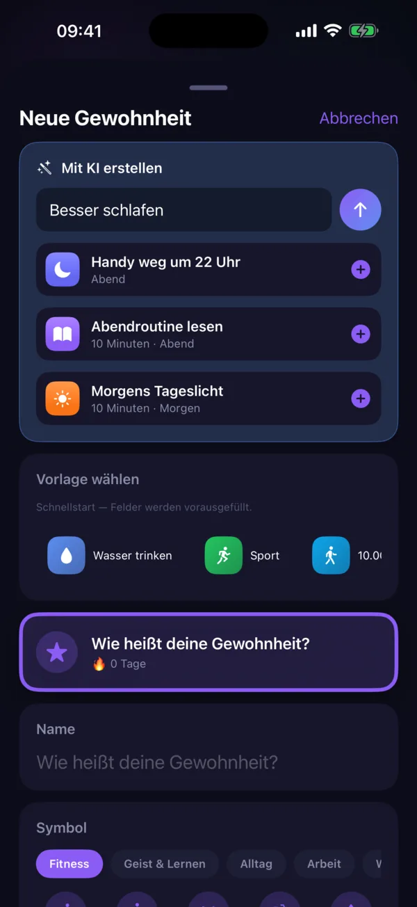 Neue Gewohnheit mit KI erstellen: Ziel „Besser schlafen“ ergibt drei Vorschläge