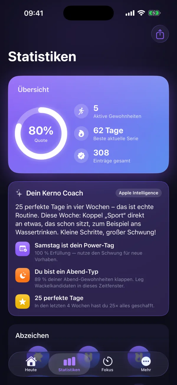 Kerno Statistik mit KI-Coach: persönlicher Tagesimpuls und Insights wie Power-Tag und beste Tageszeit