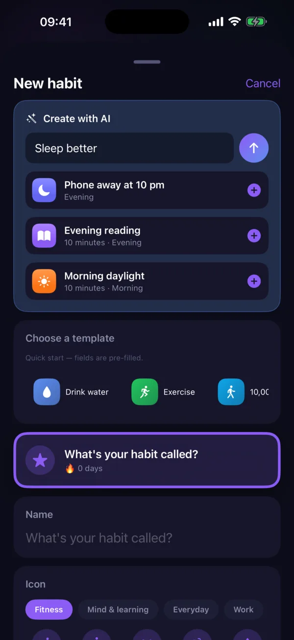 Create a habit with AI: the goal “Sleep better” yields three suggestions
